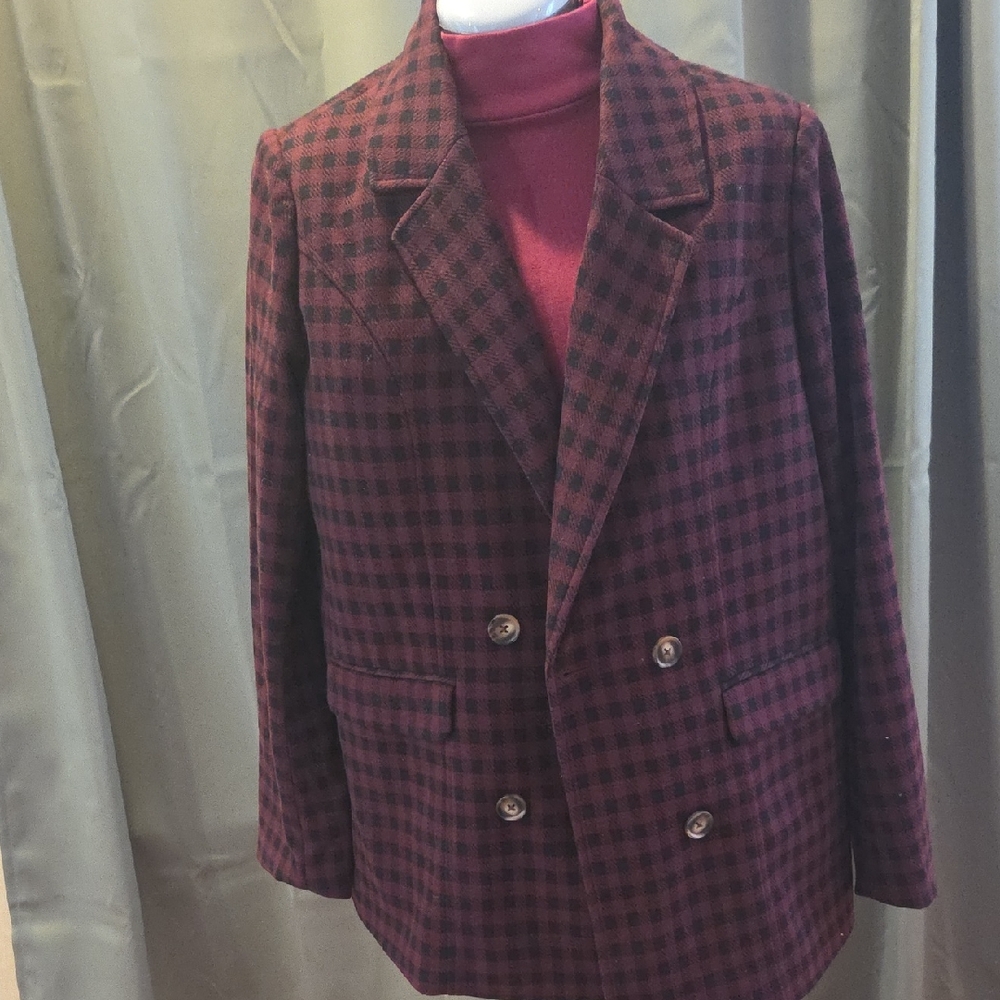 Belle by Kim Gravel Burgundy Checkered Pea Coat